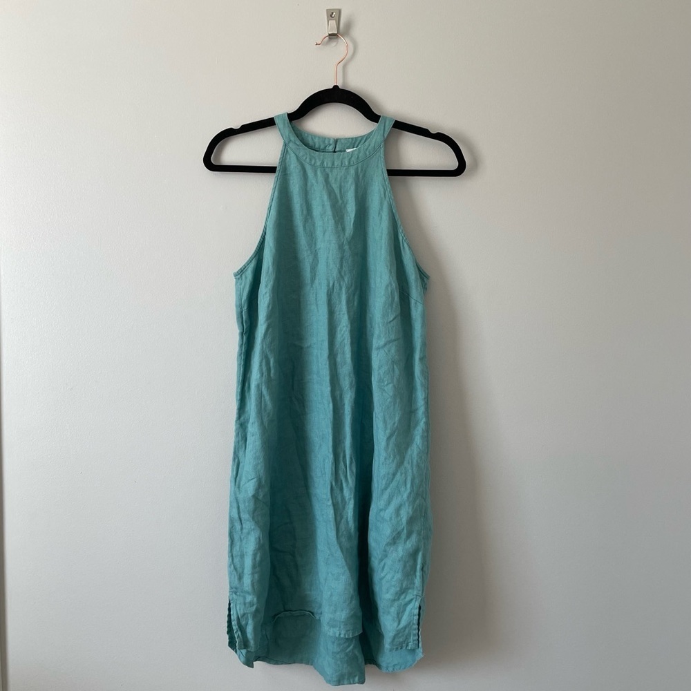 Sigrid Olsen Teal Aqua Blue 100% Linen Halter Sleeveless Mini Dress size S
